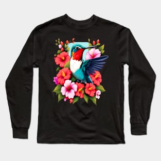 Cute Ruby Throated Hummingbird Surrounded by Spring Flowers Long Sleeve T-Shirt
